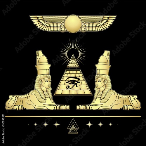 Mystical color drawing: women sphinxes guard the Egyptian pyramid. Eye of Horus. Winged solar disk god Ra.  Vector illustration isolated on a black background. Imitation of gold. 