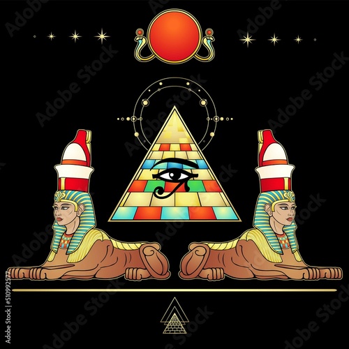 Mystical color drawing: women sphinxes guard the Egyptian pyramid. All-Seeing Eye of god Horus. Solar disk god Ra. Vector illustration isolated on a black background. 