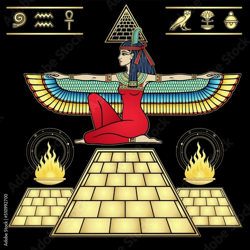 Mystical color drawing: winged goddess Isis at top of the Egyptian pyramid. Ritual fire, a set of hieroglyphs. Vector illustration isolated on a black background. Imitation of gold. 