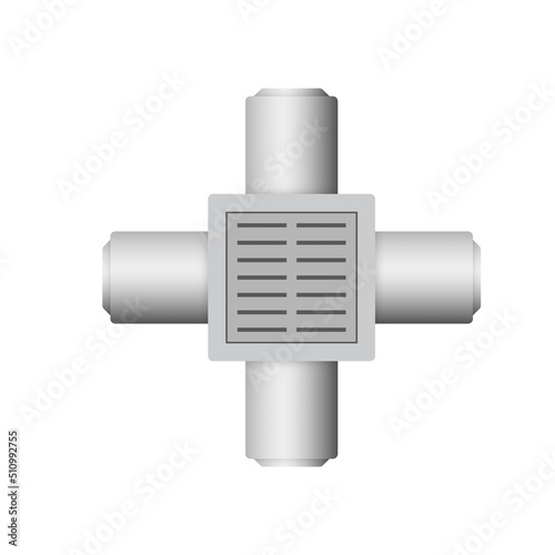 Manhole or catch basin vector icon. Include metal grate cover, sewer pipe for access to cleaning, maintenance by construction, install in stormwater, rainwater, wastewater or sewage drainage system.

