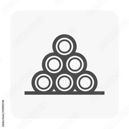 Pile of precast concrete sewer or reinforced cement concrete pipe vector icon. To manufacturing, storage for construction at underground, road for drainage system of storm water, flood and sewage.
