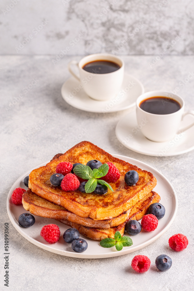 French toast with blueberries, raspberries, maple syrup French toast with blueberries, raspberries, maple syrup