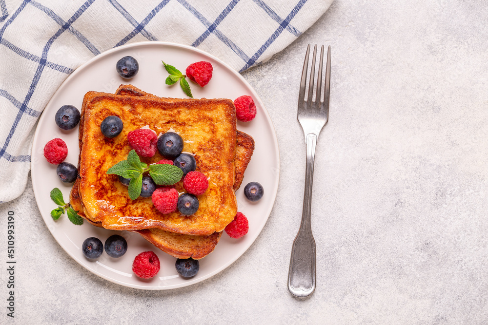 French toast with blueberries, raspberries, maple syrup French toast with blueberries, raspberries, maple syrup
