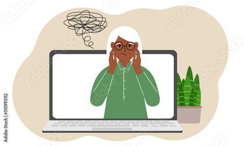 Online consultation with a psychologist. Laptop with a grandmother with confused thoughts. Psychotherapeutic practice, psychiatric consultation.