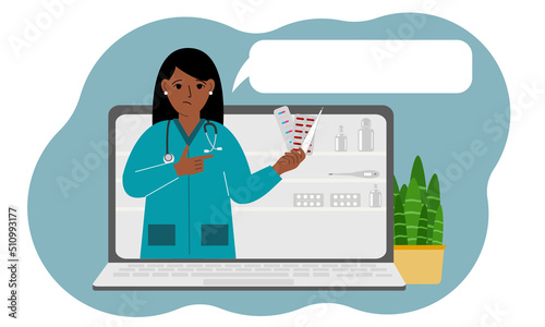 Online consultation or feedback concept. Laptop with a picture of a female pharmacist with medicines in his hand.