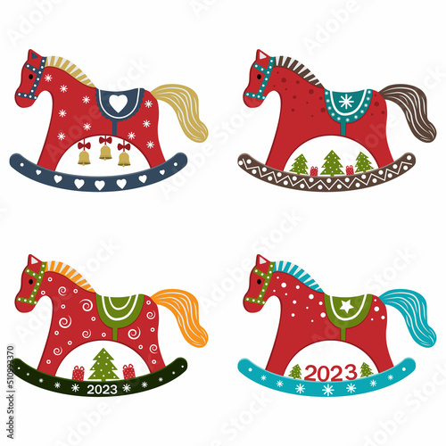 Christmas toy for the Christmas tree rocking horse in vintage style with a symbol of the New Year. Vector illustration isolated on a white background.