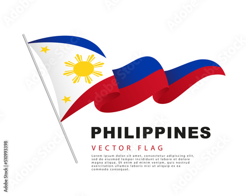 The flag of the Philippines hangs on a flagpole and flutters in the wind. Vector illustration on a white background.