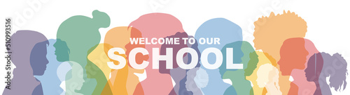 Welcome To Our School banner. Children stand side by side together. Flat vector illustration.