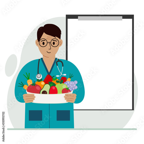 Male doctor with a plate of vegetables and fruits. Clipboard blank for your text. The concept of diet, proper nutrition, health.