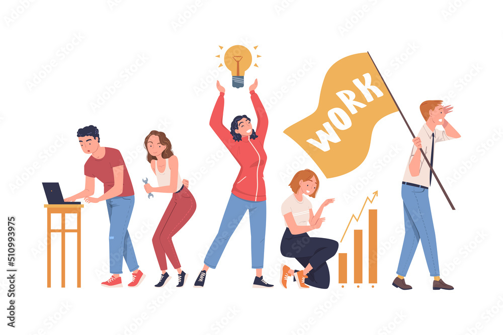 Fototapeta premium People Characters Working as Well Coordinated Mechanism Engaged in Teamwork Vector Illustration