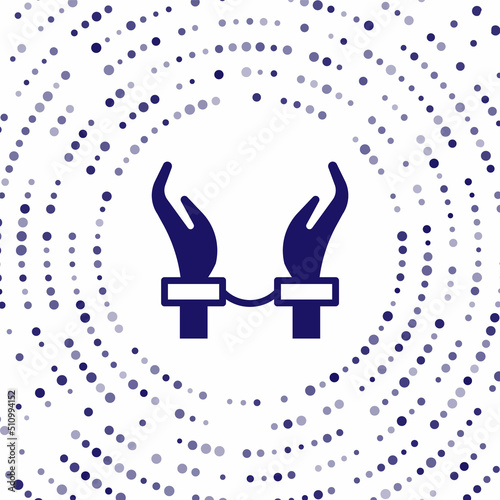Blue Handcuffs on hands of criminal man icon isolated on white background. Arrested man in handcuffs. A crime, arrest, business and corruption concept. Abstract circle random dots. Vector