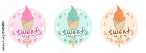Pink ice-cream logo banner pink and white plaid pattern background. Pink plaid on the fabric pattern. Square pattern Pink square background. Green and orange soft serve.