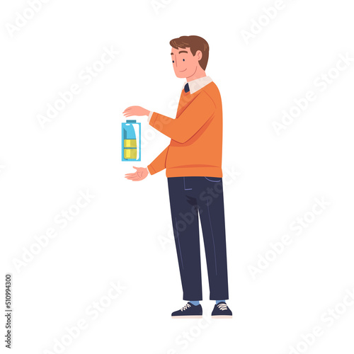 Man Character Working with Charged Battery Having Energy Vector Illustration © topvectors