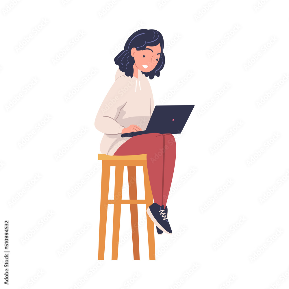 Woman Character Working at Laptop Sitting on Stool Vector Illustration Woman Character Working at Laptop Sitting on Stool Vector Illustration