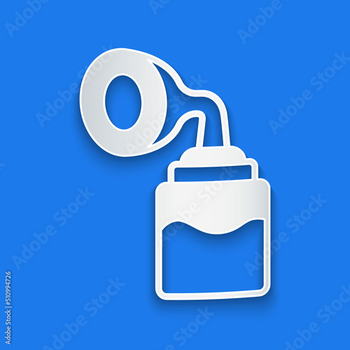 Paper cut Breast pump icon isolated on blue background. Paper art style. Vector