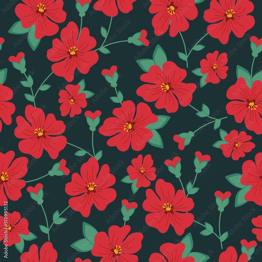 seamless vintage pattern. beautiful flowers and green leaves. dark green background. vector texture. fashionable print for textiles and wallpaper.