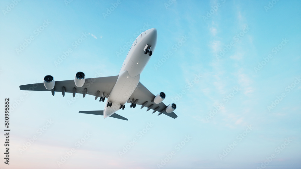 Obraz premium Conceptual flying white passenger jetliner or commercial plane after take off rising over a beautiful sky background. 3D illustration for jet transportation, travel industry or modern freedom concept
