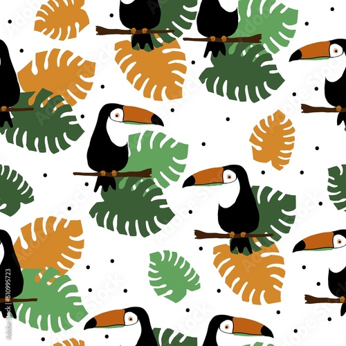 seamless pattern with birds. toucans leaves and dots on a white background. Fashionable print for textiles  wallpaper and packaging.