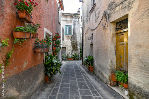 Fototapeta Naklejka Na Ścianę i Meble -  A narrow street between the old houses of Teggiano, a medieval village in the mountains of Salerno province, Italy.