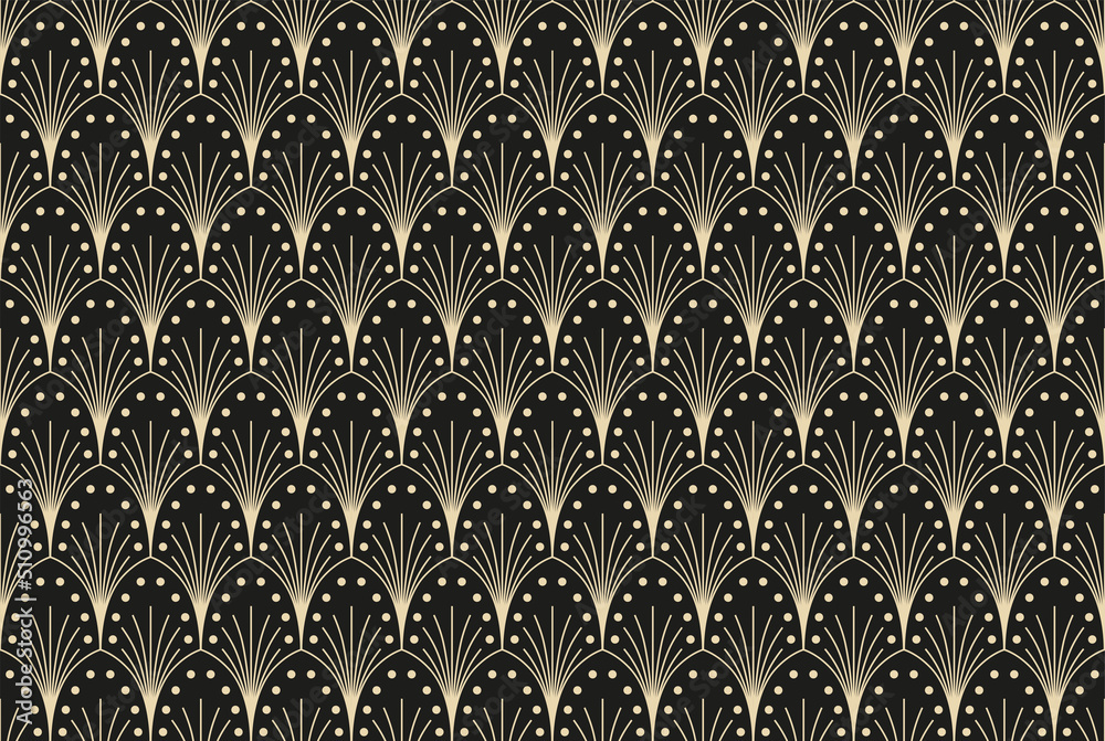  Vektor-Illustration eines nahtlosen, dekorativen, geometrischen, hell gold und schwarzen Art-Déco-Musters der 20er Jahre mit Fächern und Punkten - obrazy, fototapety, plakaty 