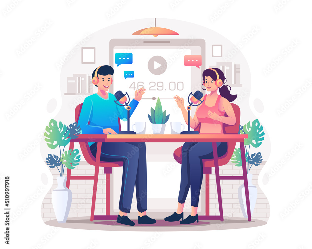 Podcast concept illustration with a host man in headphones interviewing a guest woman in a broadcast live-streaming. Man and woman in Podcast on the studio. Flat Style Vector Illustration Podcast concept illustration with a host man in headphones interviewing a guest woman in a broadcast live-streaming. Man and woman in Podcast on the studio. Flat Style Vector Illustration