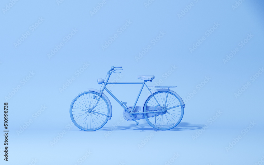 Fototapeta premium Bicycle on monochrome blue background. Minimal composition for social media , eco friendly transportation. Minimal creative idea layout, Concept for environment preserve on earth day. 3d render