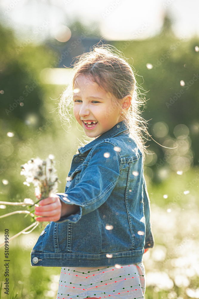 cute little girl blowing dandelions in a sunny flower meadow . Summer seasonal outdoor activities for children. The child laughs and enjoys summer fun cute little girl blowing dandelions in a sunny flower meadow . Summer seasonal outdoor activities for children. The child laughs and enjoys summer fun