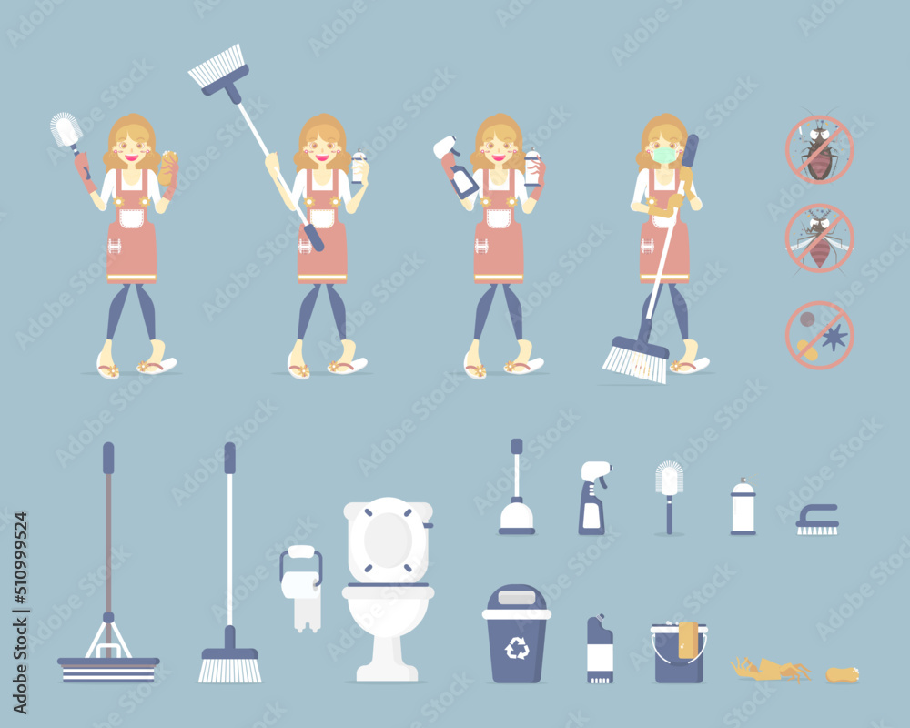 set of female house cleaner, woman holding toilet brush and sponge, cleaning toilet, bathroom with mop, broom, bin, bucket, spray, chore concept, flat character design vector illustration cartoon set of female house cleaner, woman holding toilet brush and sponge, cleaning toilet, bathroom with mop, broom, bin, bucket, spray, chore concept, flat character design vector illustration cartoon