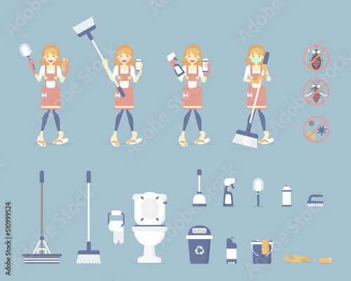 set of female house cleaner, woman holding toilet brush and sponge, cleaning toilet, bathroom with mop, broom, bin, bucket, spray, chore concept, flat character design vector illustration cartoon