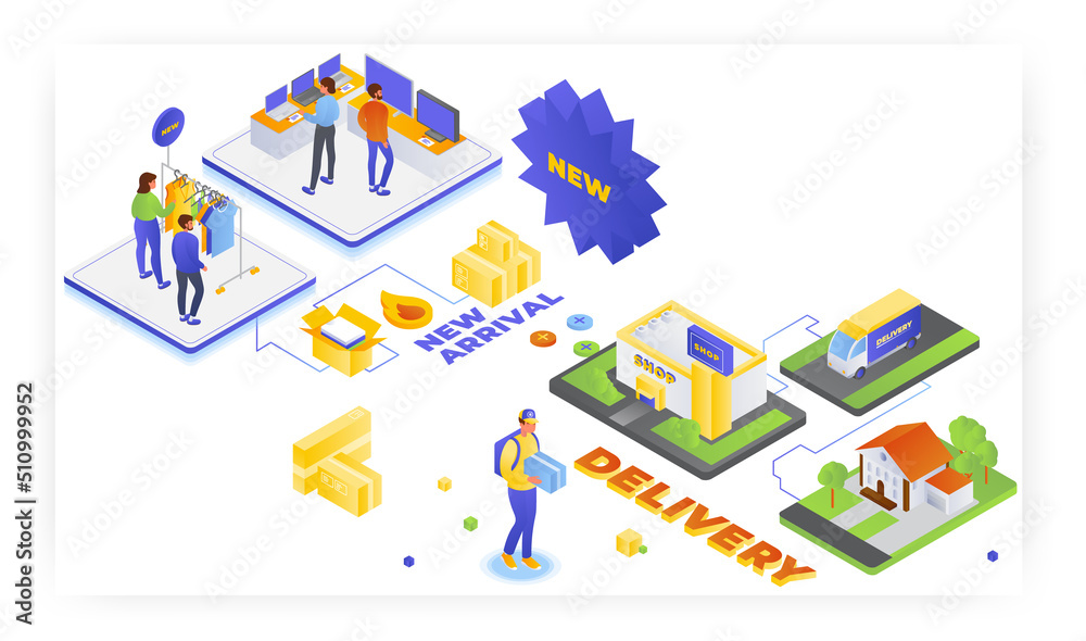 Internet store, online shopping. New arrivals of clothing, delivery service, vector isometric illustration.