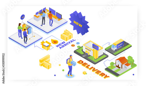 Internet store, online shopping. New arrivals of clothing, delivery service, vector isometric illustration.