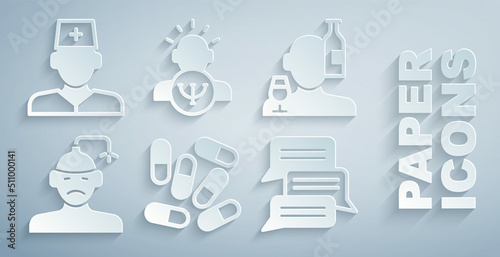 Set Medicine pill or tablet, Alcoholism, Concussion, headache, Online psychological counseling, Psychology and Male doctor icon. Vector