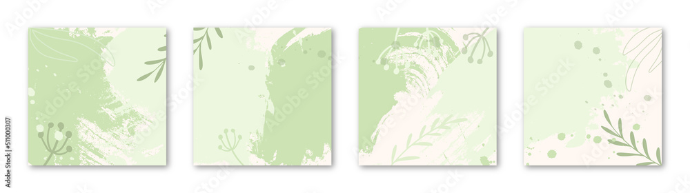 4 abstract brushed backgrounds in green colors for social media. Vector illustration.