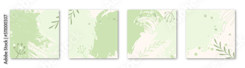 4 abstract brushed backgrounds in green colors for social media. Vector illustration.