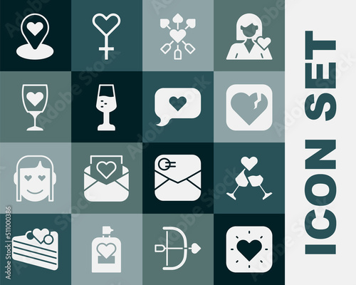 Set Heart, Glass of champagne, Broken heart or divorce, Amour with and arrow, Location and in speech bubble icon. Vector