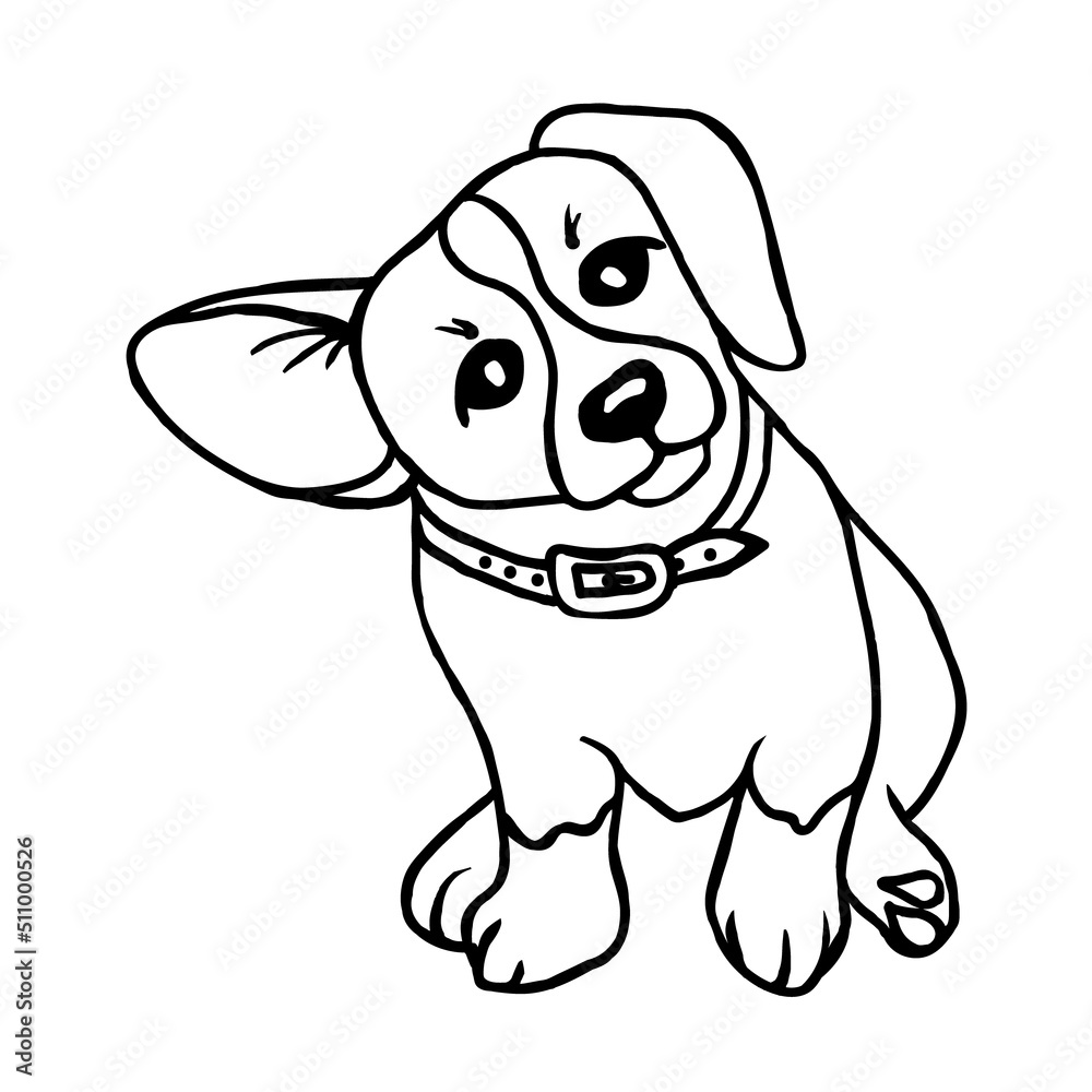 Cute corgi dog puppy with raised ear isolated on white background.Vector illustration in doodle style for children's textiles, postcards. Cute corgi dog puppy with raised ear isolated on white background.Vector illustration in doodle style for children's textiles, postcards.