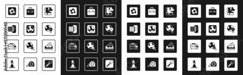 Set Earth globe and book, Seismograph, Gold nugget, Global planet with bulb, Briefcase, Ore mining and Mining dump truck icon. Vector