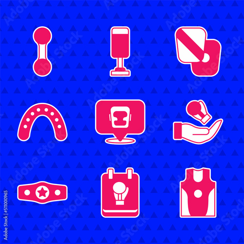 Set Boxing helmet, glove, jersey and t-shirt, belt, Mouth guard boxer, training paws and Dumbbell icon. Vector