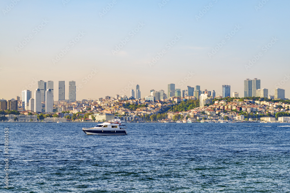 Istanbul skyline. Boat is crossing the Bosporus. Istanbul skyline. Boat is crossing the Bosporus.