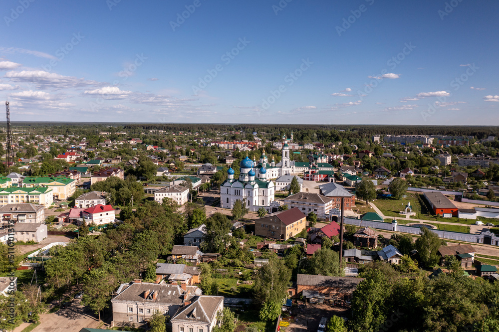 panoramic views from the drone of the city blocks, recreation parks and the Uglich embankment