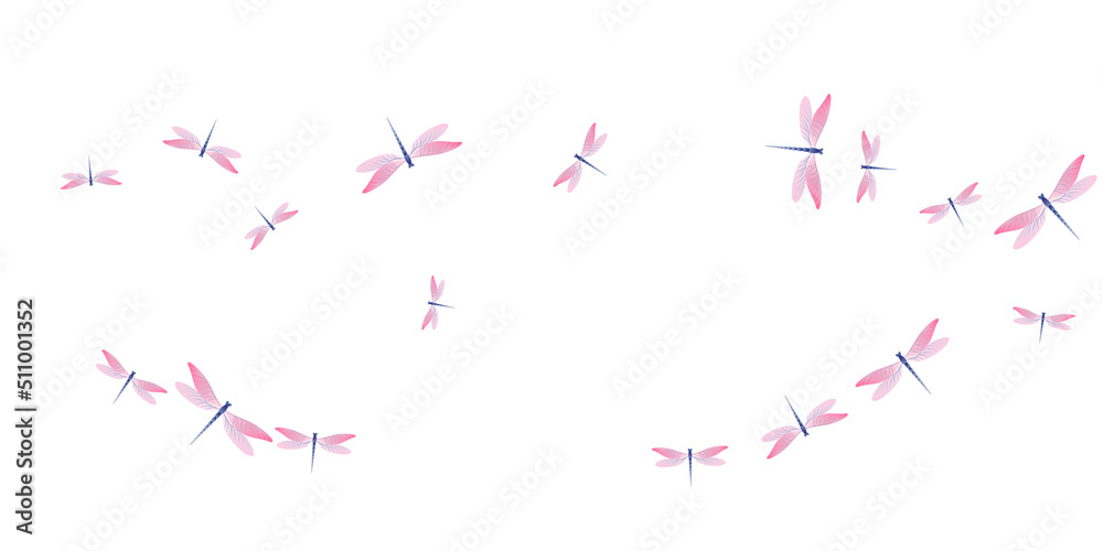 Tropical rosy pink dragonfly flat vector illustration. Summer colorful damselflies. Fancy dragonfly flat dreamy background. Sensitive wings insects patten. Tropical creatures