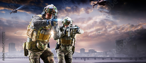 Soldier special forces on a futuristic background. Military concept of the future. photo