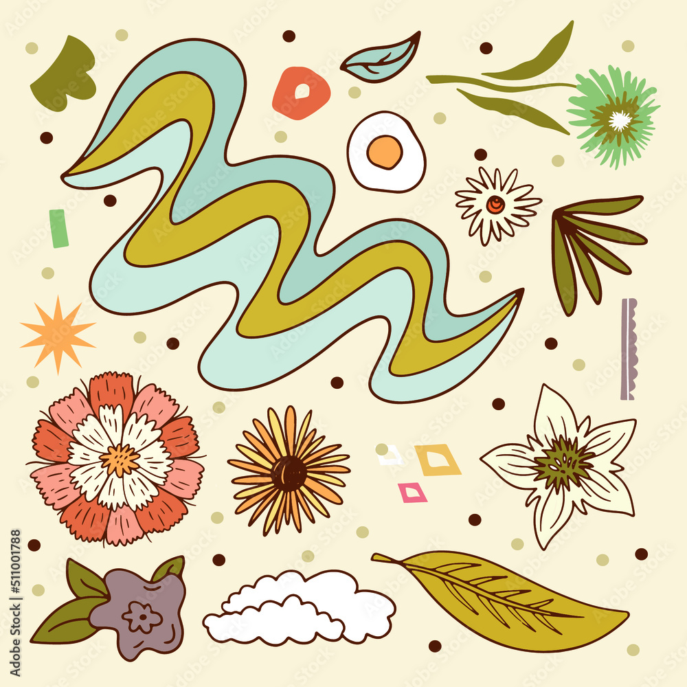Vector set of hand-drawn flowers in retro style with abstract elements Vector set of hand-drawn flowers in retro style with abstract elements
