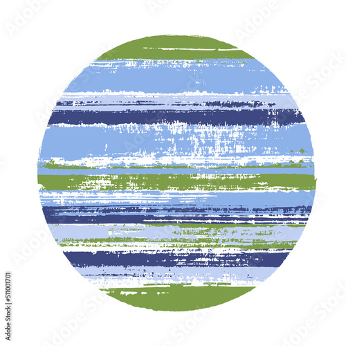 Ragged circle vector geometric shape with stripes texture of paint horizontal lines. Planet concept with old paint texture. Emblem round shape circle logo element with grunge stripes background.