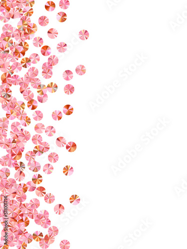 Rosy gold foil confetti placer vector background. Birthday anniversary greeting card background. Round glossy spangle particles party decor. Birthday celebration confetti.