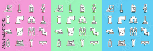 Set line Broken pipe with leaking water, Industry metallic, Rubber plunger, Container drain cleaner, Wastewater and icon. Vector