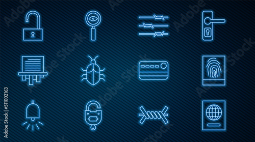 Set line Passport, Fingerprint, Barbed wire, System bug concept, Paper shredder, Open padlock, Credit card and Magnifying glass Search icon. Vector