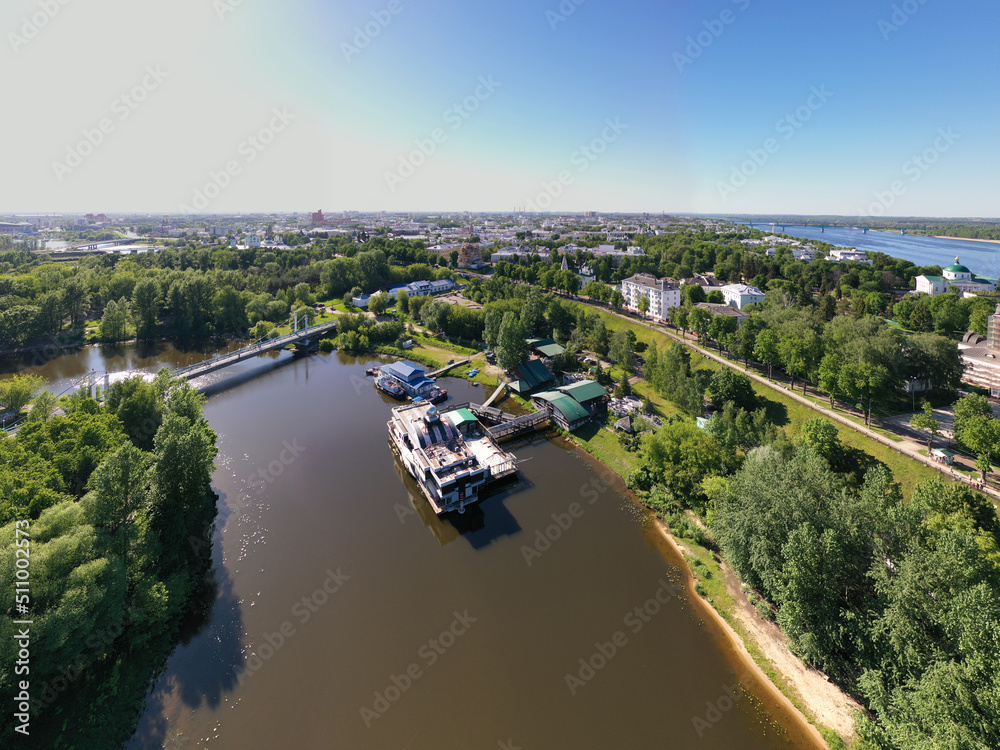 Panoramic drone views of city blocks, recreation parks and the Yaroslavl embankment