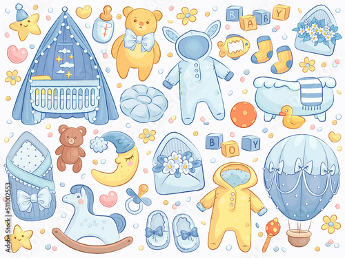 Hand drawn baby boy shower set. Vector illustration of cartoon toys, clothes and flowers isolated on white background