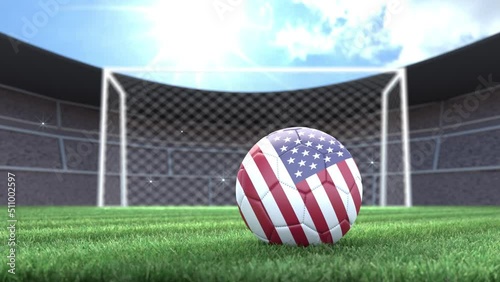 USA soccer ball, rolling into stadium with camera flashes. 3D animation